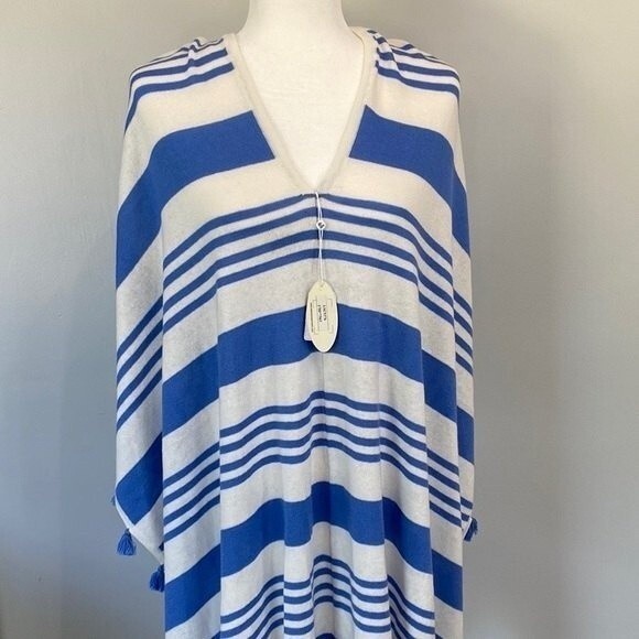 Caroline Grace Stripe Tassel Cashmere Blend Knit Poncho Shrug Topper White Wave - Picture 14 of 14